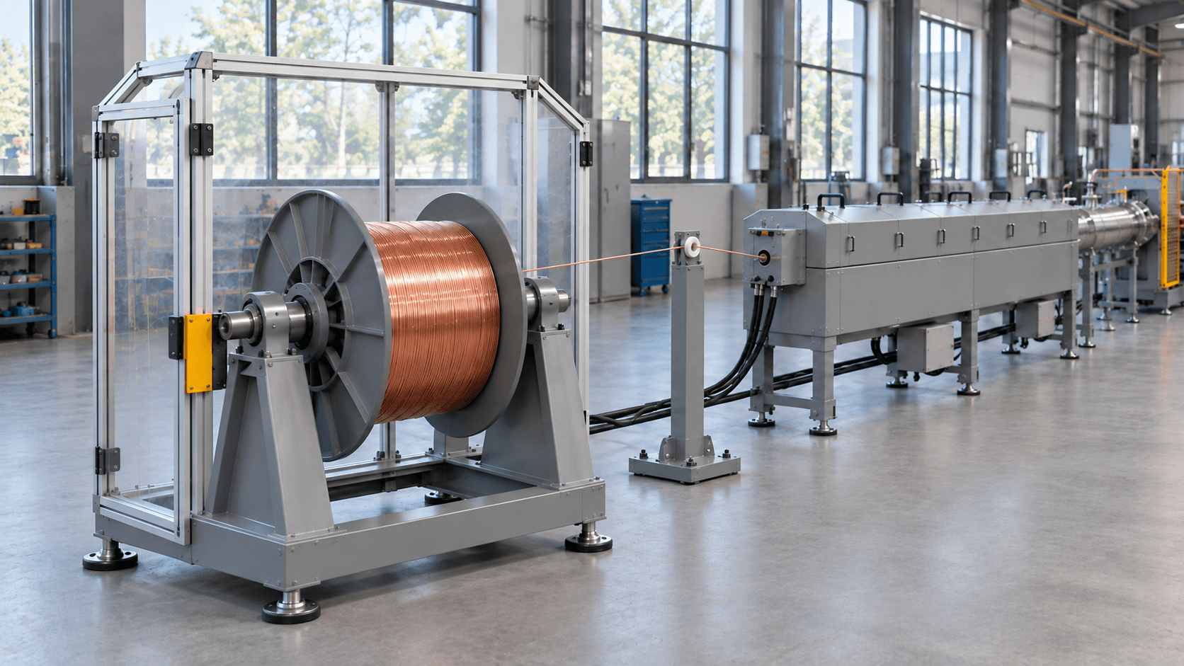Copper payoff reel on a horizontal support shaft with guide opening