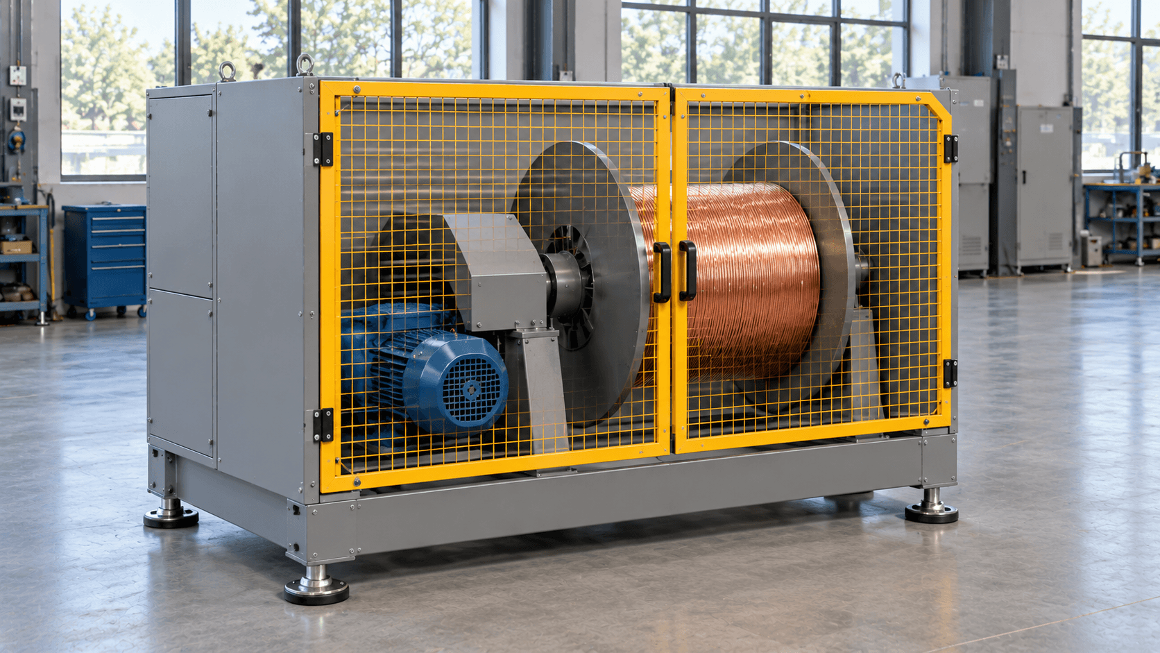 Horizontal take-up reel, drive and guard door