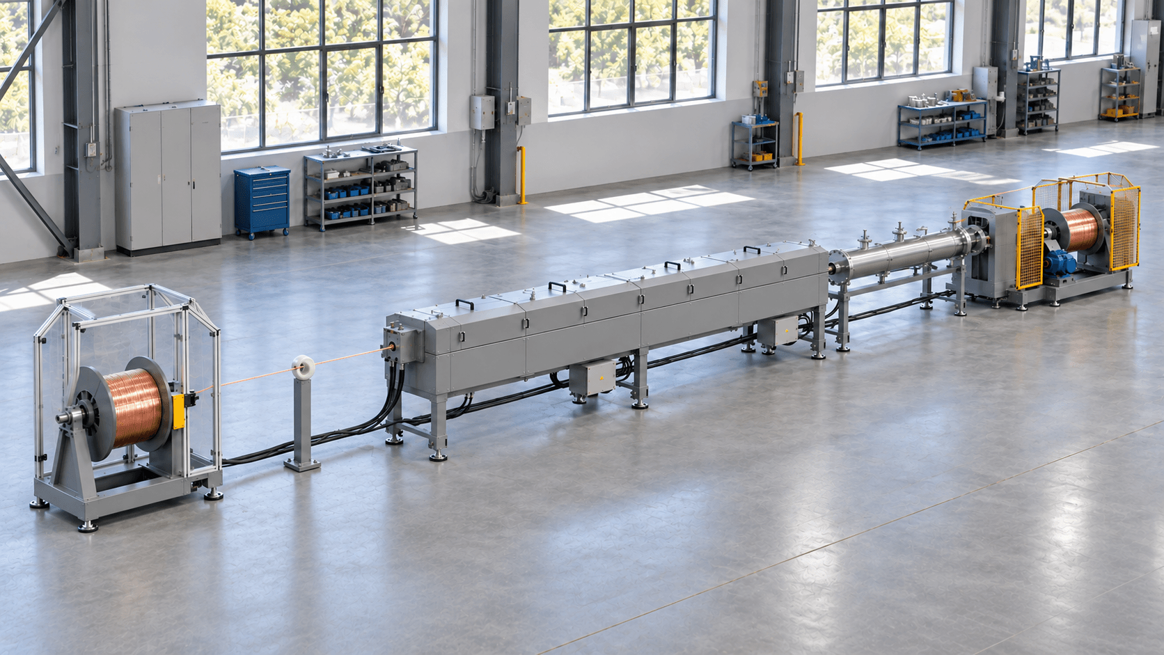 Top-view layout of a tubular copper-wire annealing line and operating/maintenance aisles