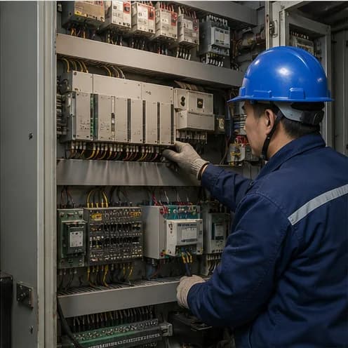 Engineer inspecting a furnace electrical control cabinet