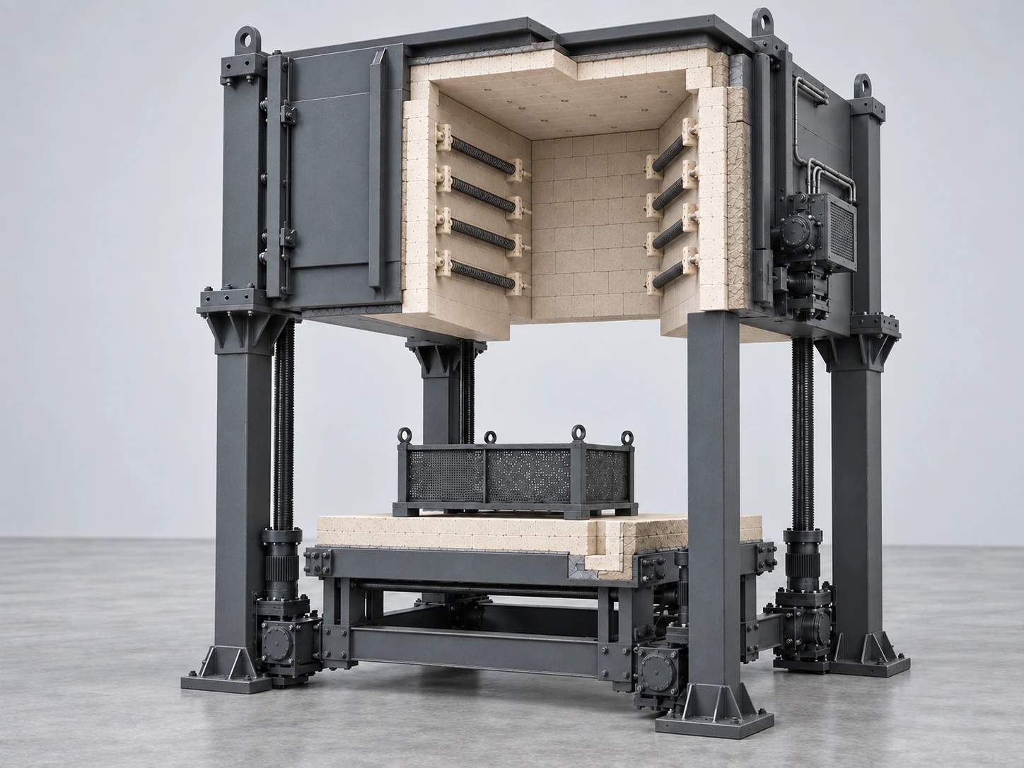 Bottom-loading furnace cutaway showing the fixed upper chamber, internal lining and electric elements, lowered hearth and lift guides