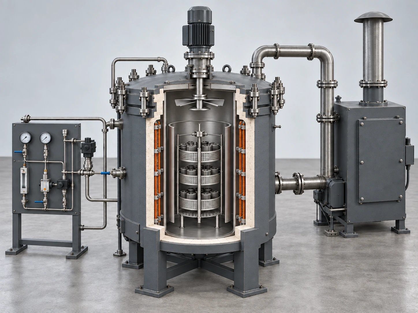 Gas nitriding furnace cutaway showing a sealed retort, external heaters, internal fan, perforated basket support and a return passage below the guide cylinder