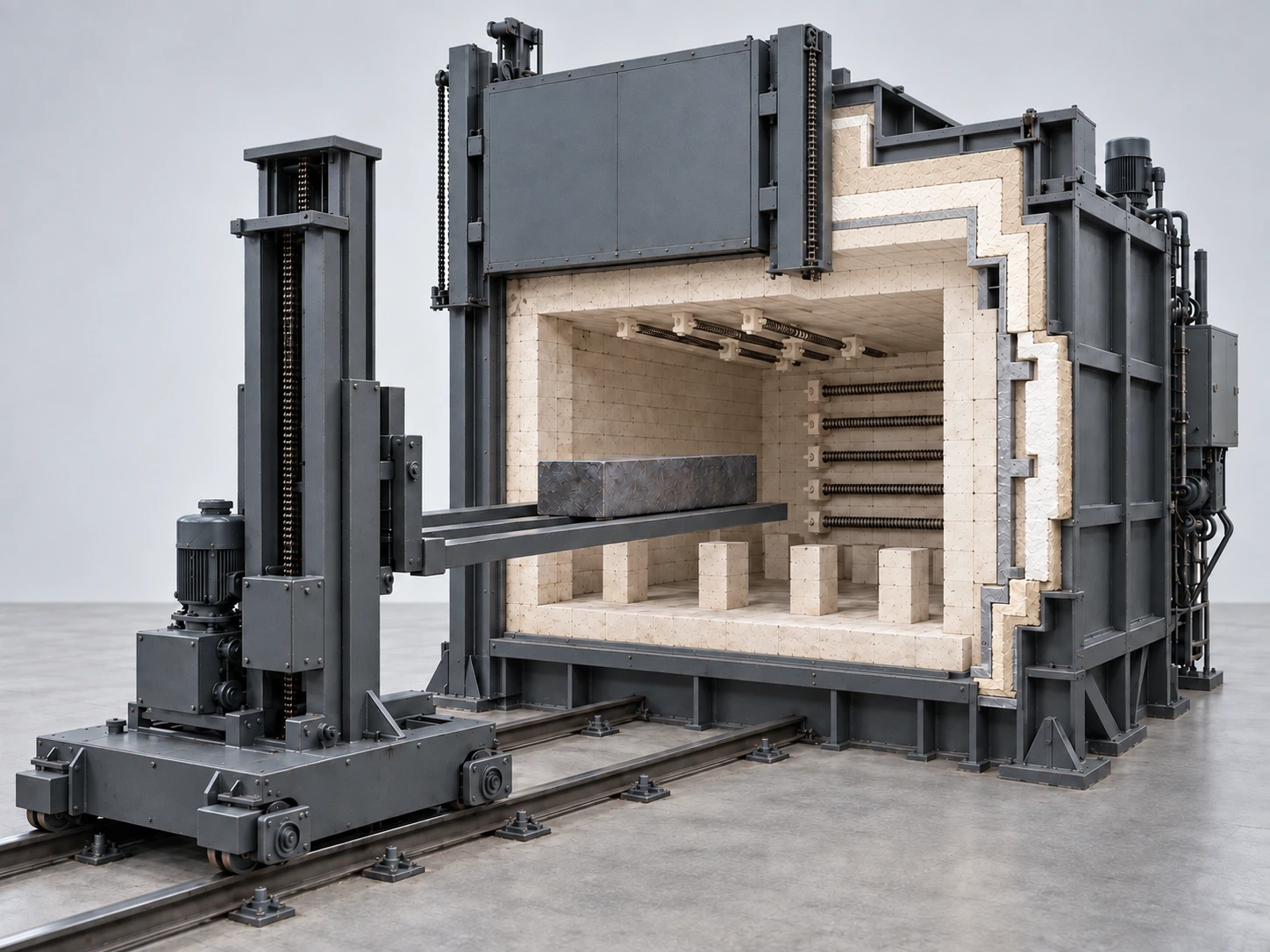 Fork-handling furnace cutaway showing lining, heating elements, fixed supports and a separate rail handler