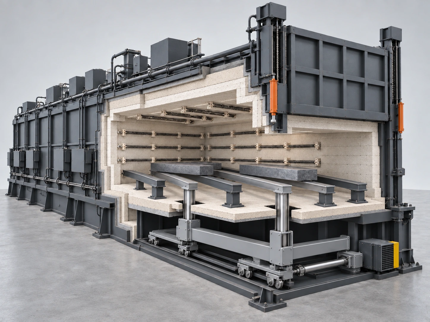 Walking-beam furnace cutaway showing separate fixed and moving supports, with moving posts passing through hearth slots to the roller carriage below