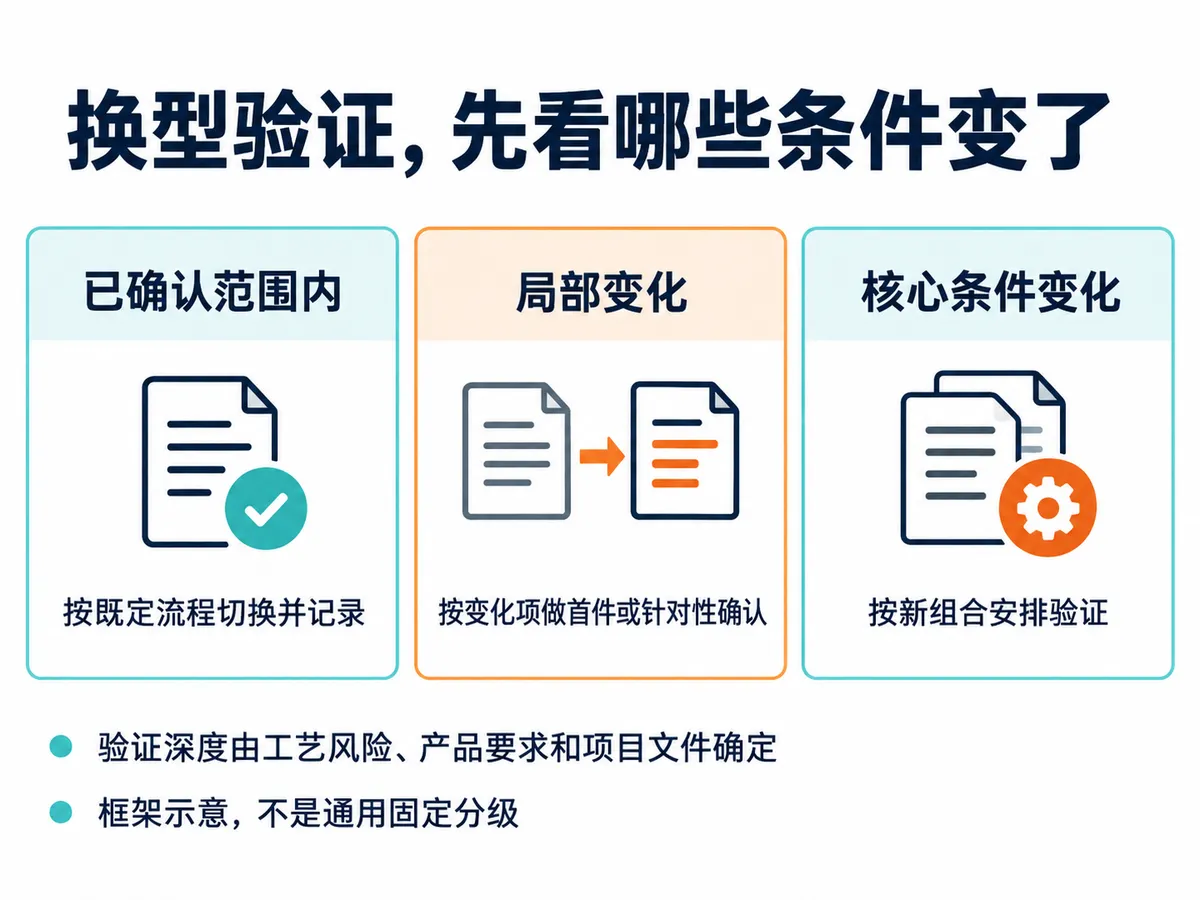 按变化范围核对换型验证:已确认范围内、局部变化和核心条件变化