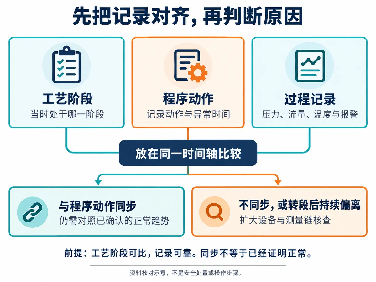 对齐工艺阶段、程序动作与过程记录;同步仍需对照正常趋势,持续偏离时扩大设备与测量链核查