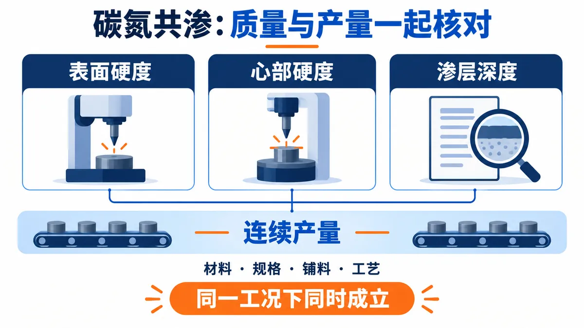 表面硬度、心部硬度、渗层深度及连续产量,应在约定材料、规格、铺料与工艺条件下同时满足要求。示意只表达核对关系,不规定具体检测方法或试样形式。 概念示意,非项目实拍。