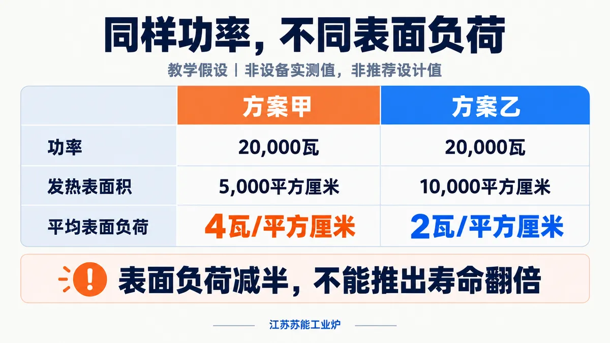 同功率下,发热表面积不同会改变平均表面负荷;算例不用于推算寿命倍数。