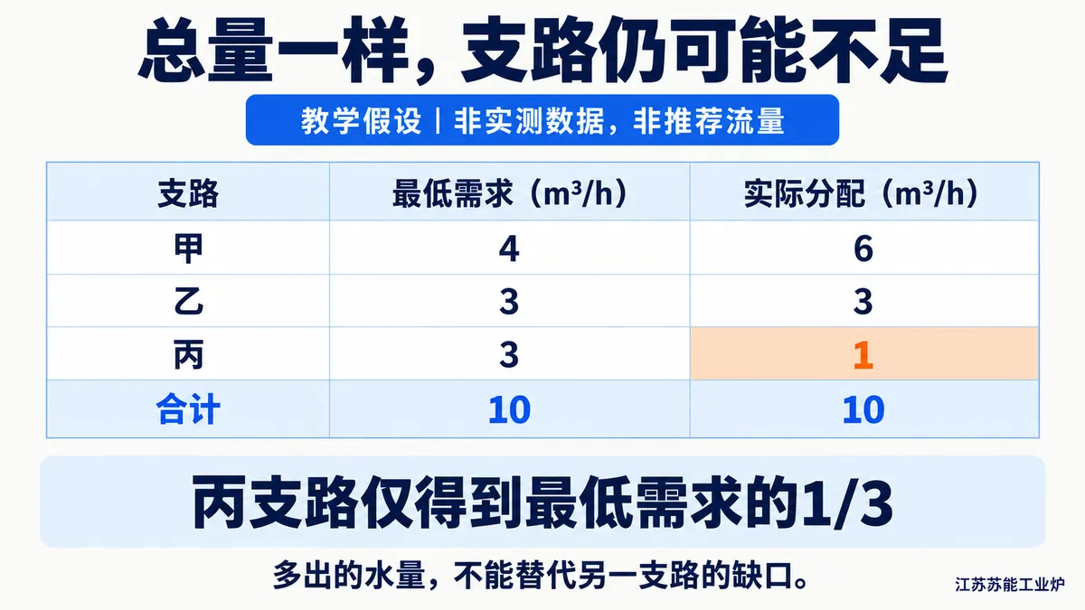 总量相同仍可能出现支路不足;各设备的流量、压力和温度条件还须分别核对。