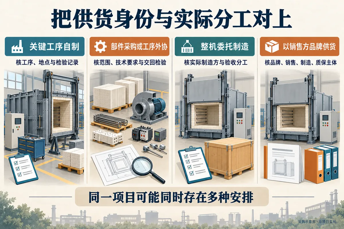 自制、外协、整机委托和品牌供货可能同时存在,应逐项核实技术、制造与质保责任。