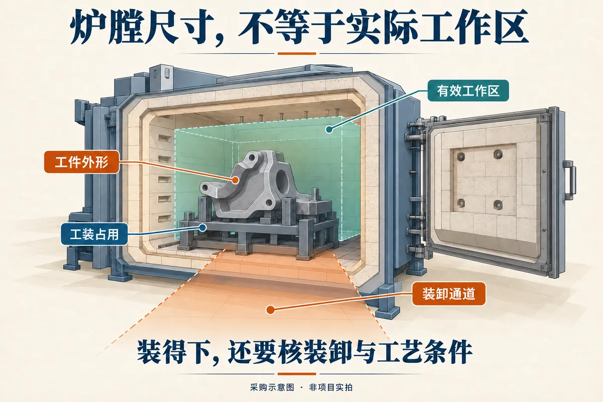工作区示意用于说明工件、工装与装卸通道的关系,不是具体炉型的设计图或推荐尺寸。